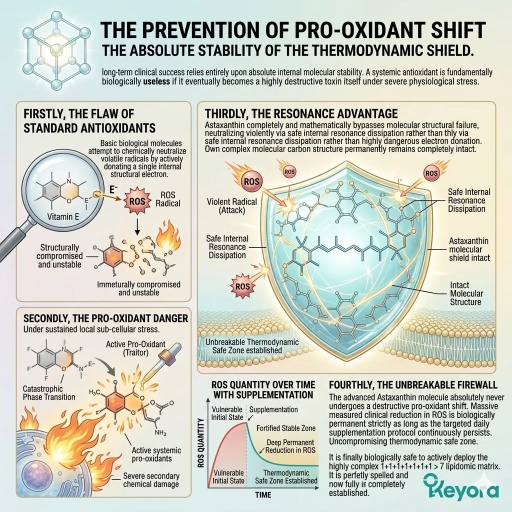 Astaxanthin maintains structural integrity via resonance dissipation, preventing pro-oxidant shifts to secure the unbreakable firewall within the Four-Drive System.