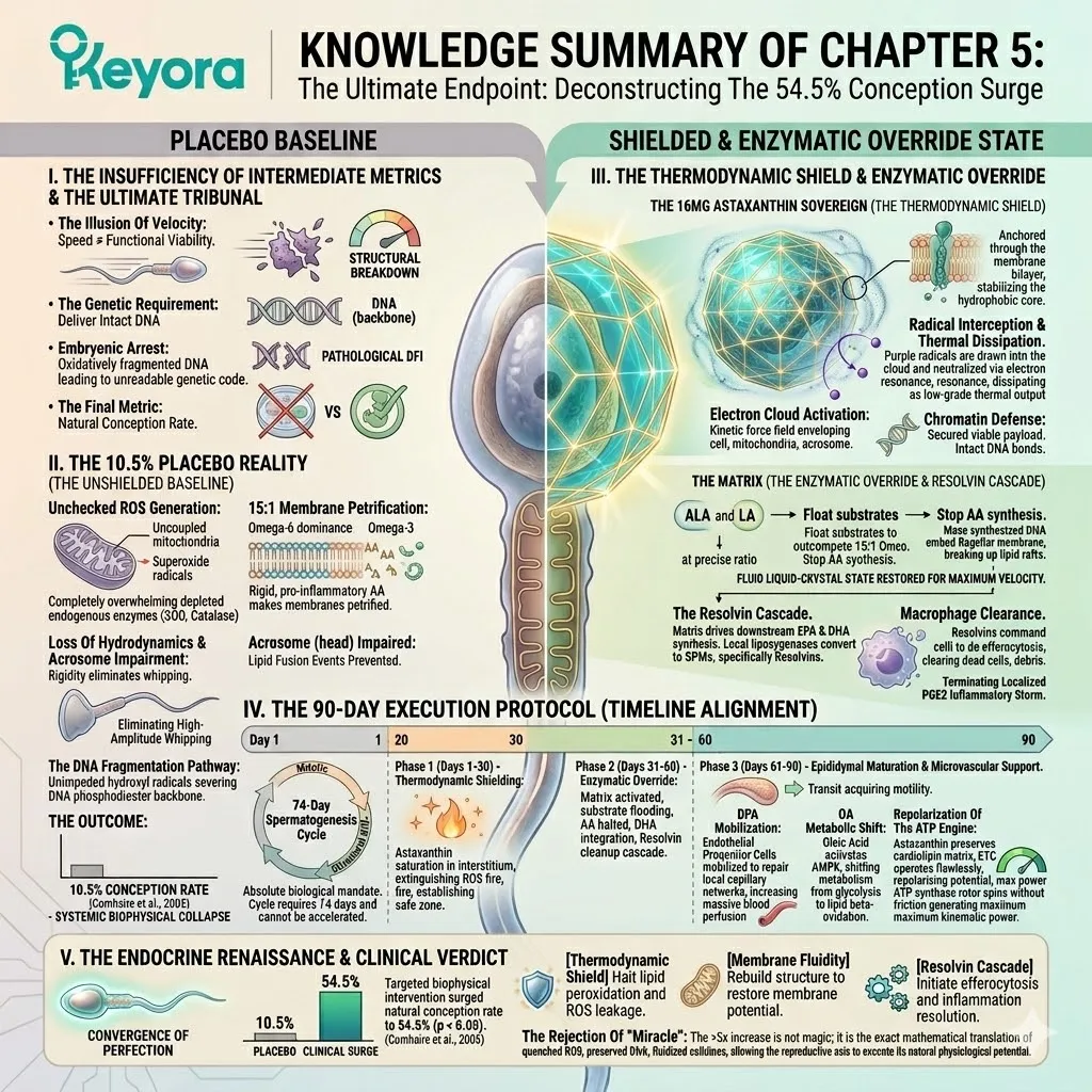 The 54.5% conception surge represents the definitive transition from a 15:1 oxidative sabotage to systemic regulation via thermodynamic shielding and enzymatic override.