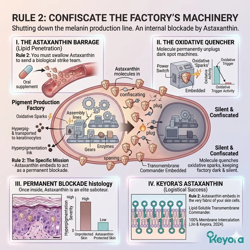 Transmembrane commander astaxanthin executes an internal strike team mission to infiltrate the pigment factory and permanently unplug the melanin production line.