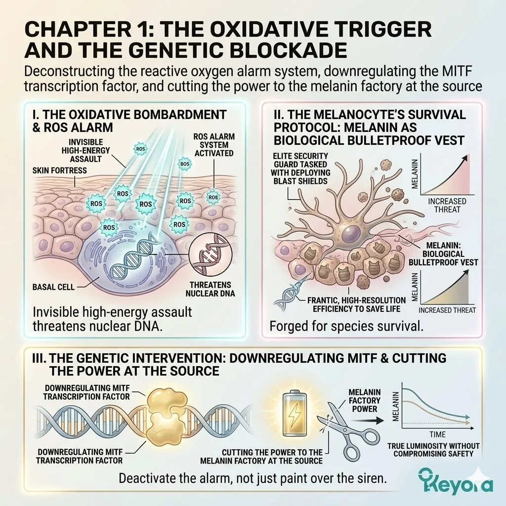 Oxidative triggers activate the MITF transcription factor to fuel the melanin factory, requiring systemic regulator intervention for luminosity.