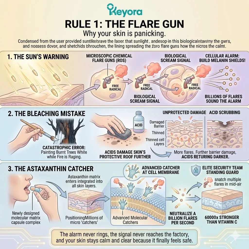 Astaxanthin catchers neutralize the ROS flare gun at the cell membrane to stop the biological scream and resolve the chemical atmosphere of panic.