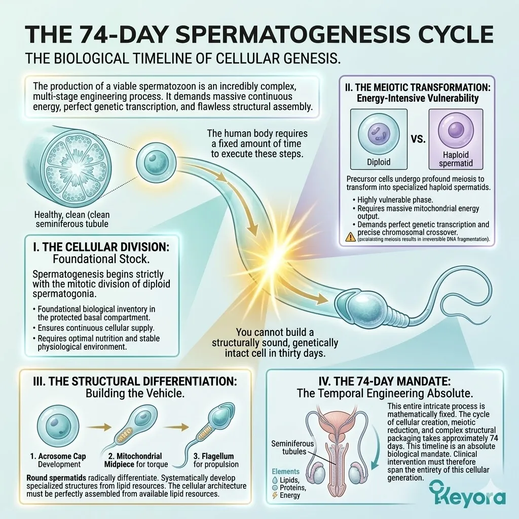 Thermodynamic shielding must span the 74-day spermatogenesis cycle to arrest the neuro-endocrine storm and secure the blueprint for systemic regulation.