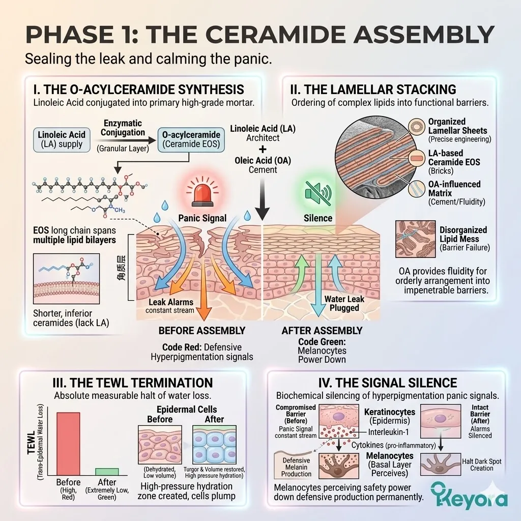 LA-driven O-acylceramide synthesis terminates TEWL to silence the neuro-endocrine storm and basal panic, securing absolute structural sovereignty.
