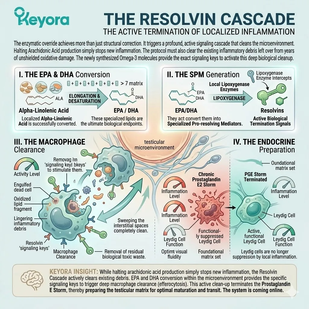 The Resolvin cascade activates efferocytosis to clear the neuro-endocrine storm and establish the blueprint for systemic regulation of Leydig cell function.