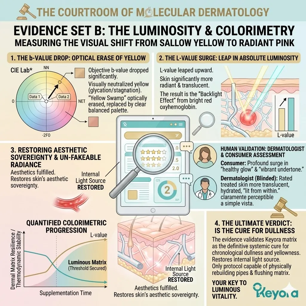 Keyora colorimetry metrics validate a b-value drop and L-value surge to neutralize sallow yellowness and achieve absolute systemic luminosity.