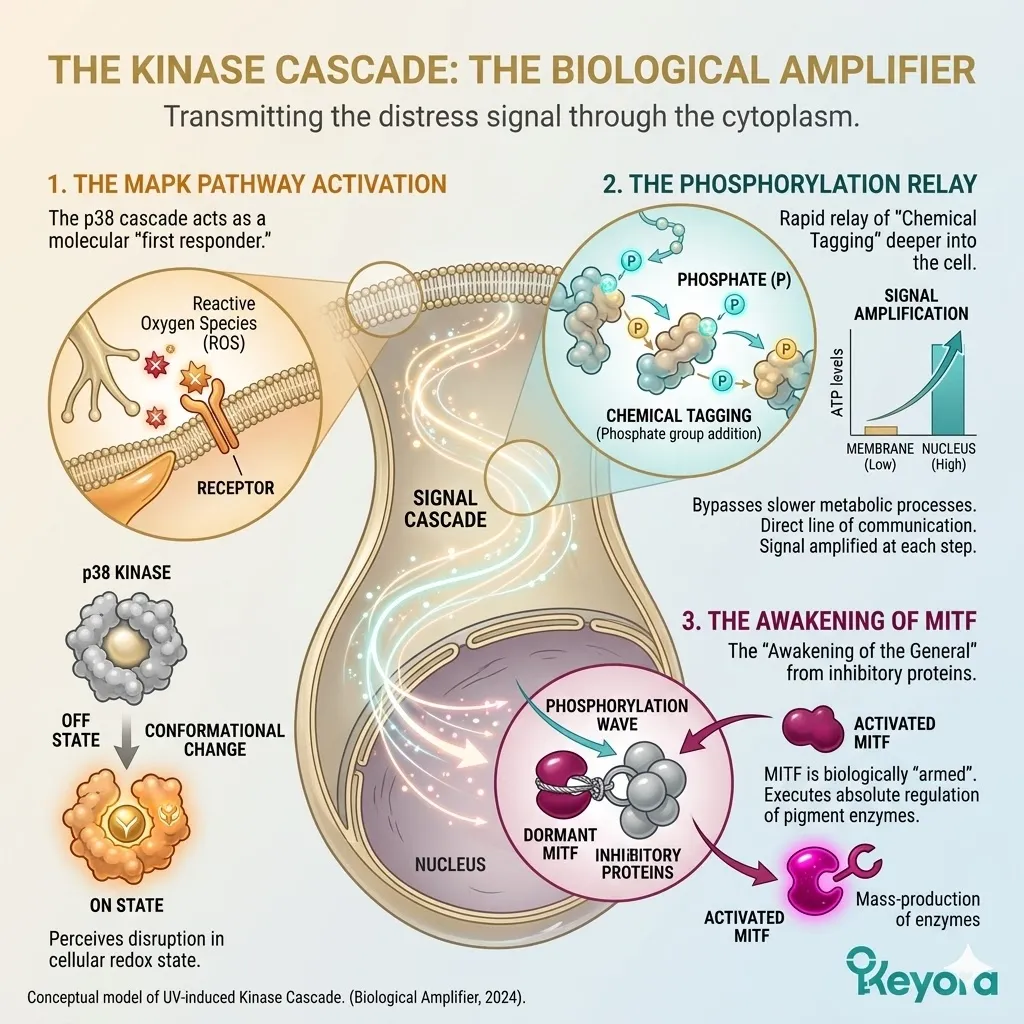 MAPK pathway activation triggers a phosphorylation relay that unbinds the MITF general, transforming oxidative stress into an internal biochemical reality.