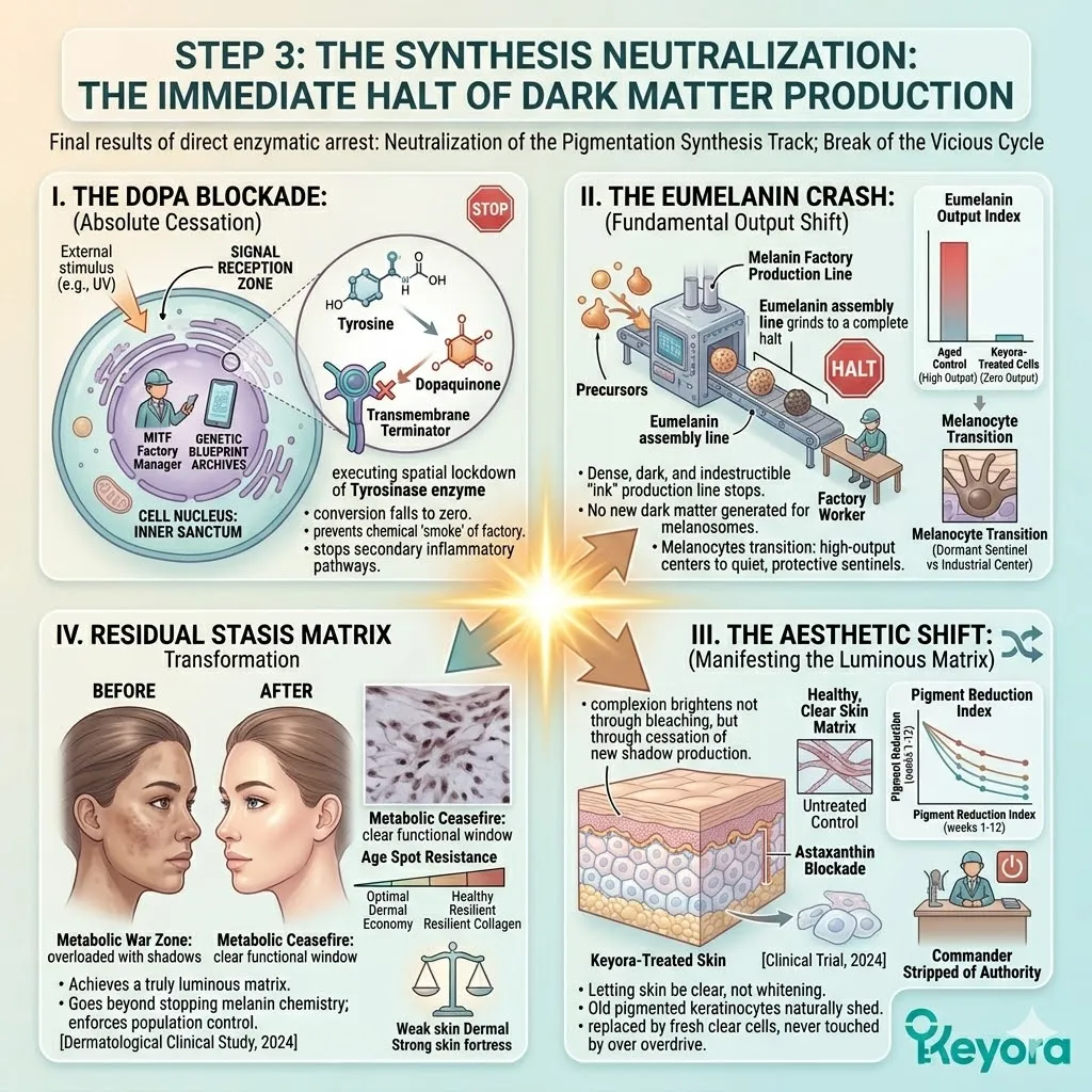 Systemic astaxanthin enforces a DOPA blockade and Eumelanin crash to execute synthesis neutralization and an aesthetic shift toward clear epidermal renewal.