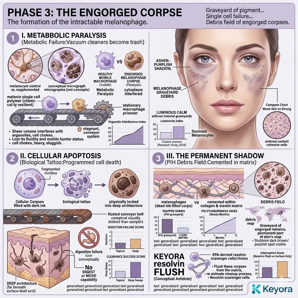 Metabolic Paralysis leads to Cellular Apoptosis and the formation of Melanophages within the dermal matrix, creating a permanent debris field shadow.