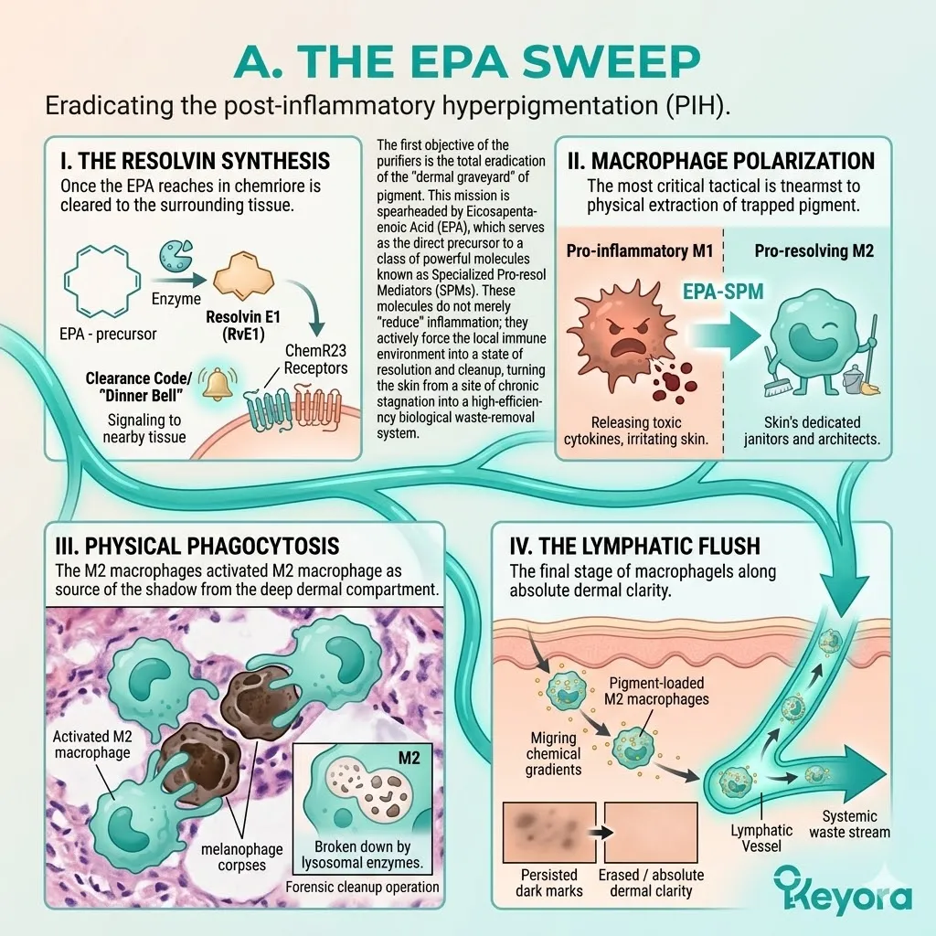 EPA triggers resolvin synthesis and macrophage polarization to execute physical phagocytosis of the pathological web, ensuring absolute systemic sovereignty.