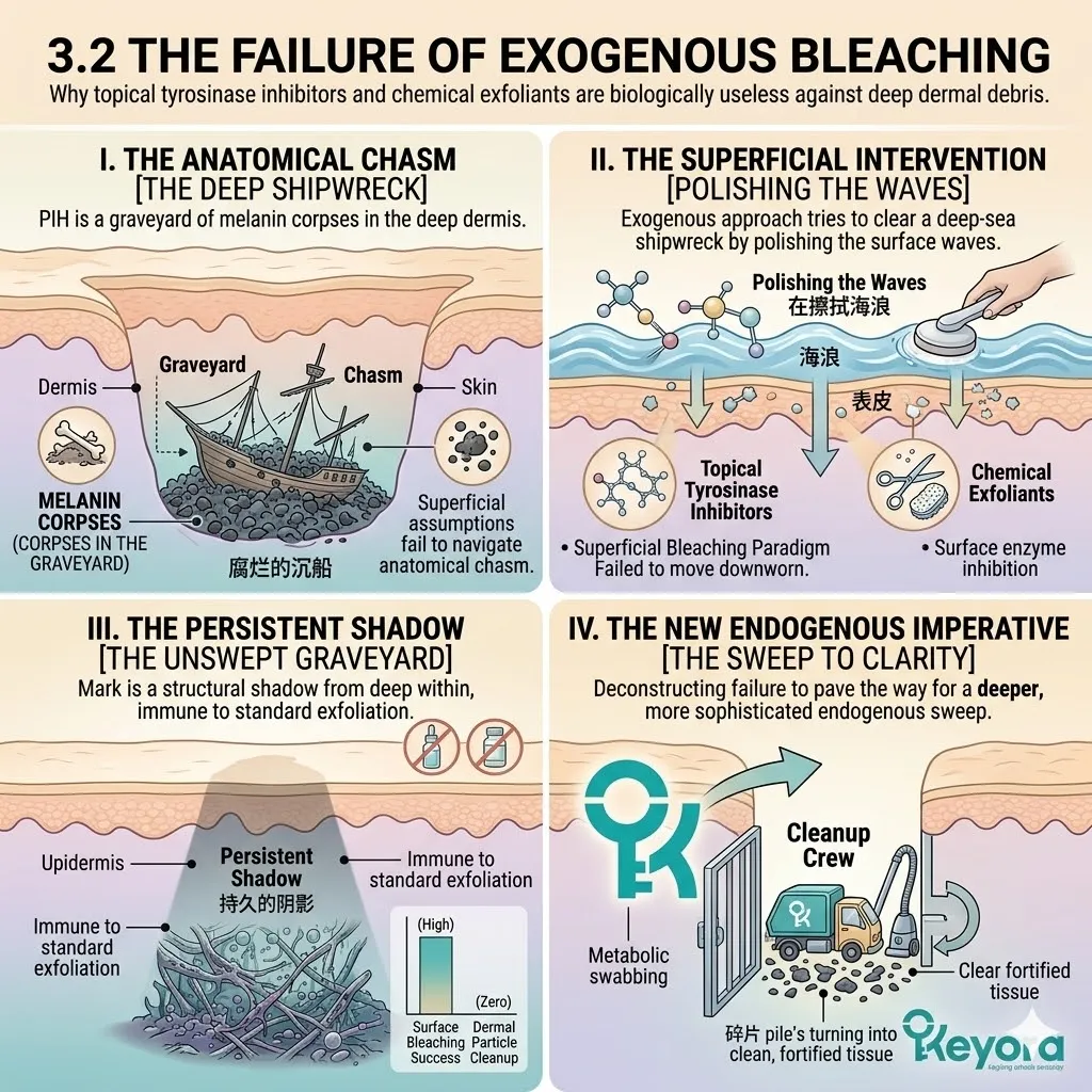 The superficial bleaching paradigm fails to navigate the anatomical chasm and reach dermal melanophages, rendering topical tyrosinase inhibitors useless.
