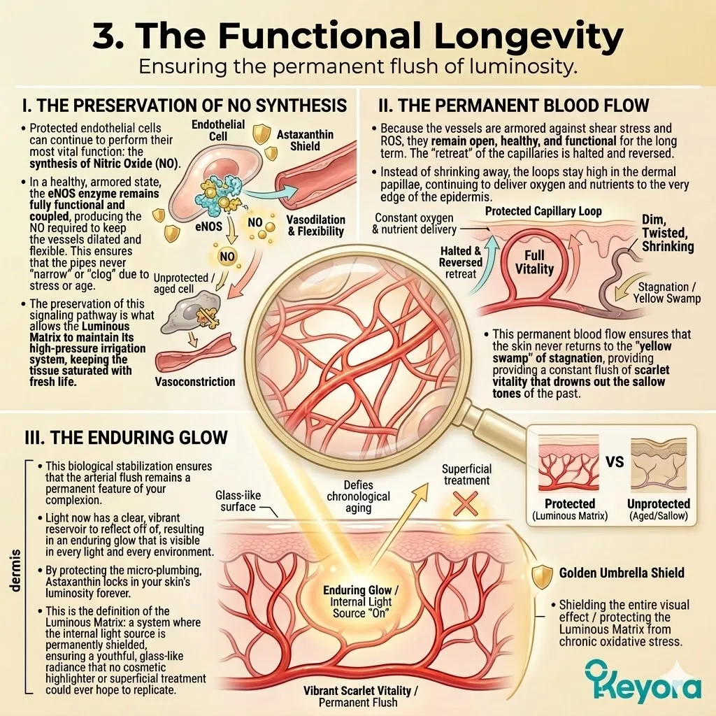 Keyora Astaxanthin shield preserves eNOS coupling and nitric oxide synthesis to lock in permanent blood flow and systemic hemodynamic sovereignty.