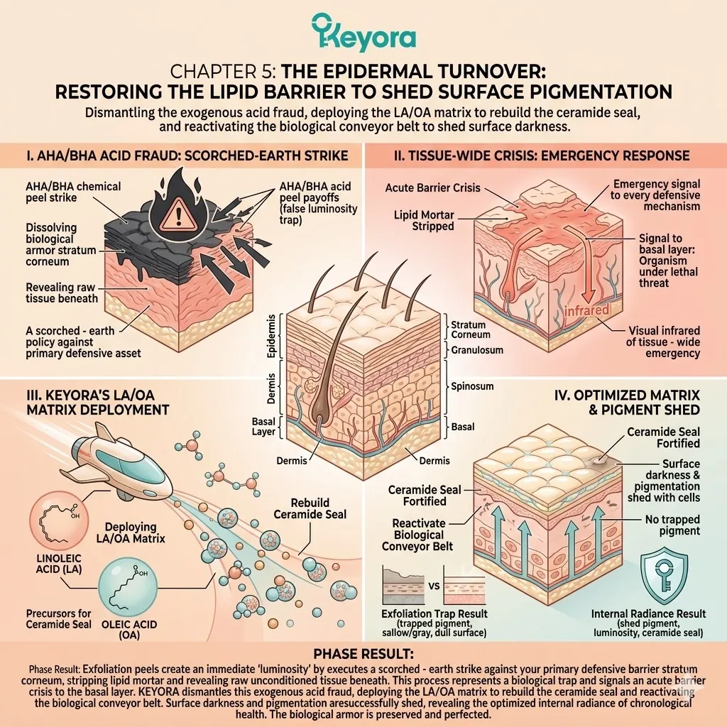 Systemic regulator matrix deploys LA/OA lipid mortar to restore the ceramide seal and reactivate the biological conveyor belt for pigmentation shedding.