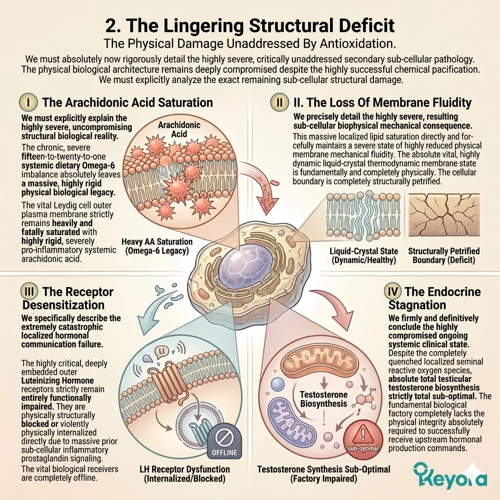Leydig cell plasma membranes suffer structural petrification from Arachidonic Acid saturation, causing receptor desensitization and total endocrine stagnation.