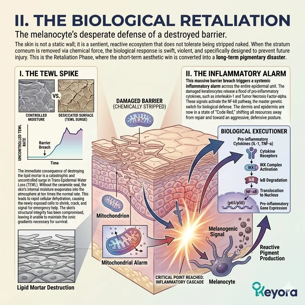 Catastrophic TEWL spike and inflammatory alarm trigger the NF-kB pathway to defend the compromised ceramide seal and systemic regulator integrity.