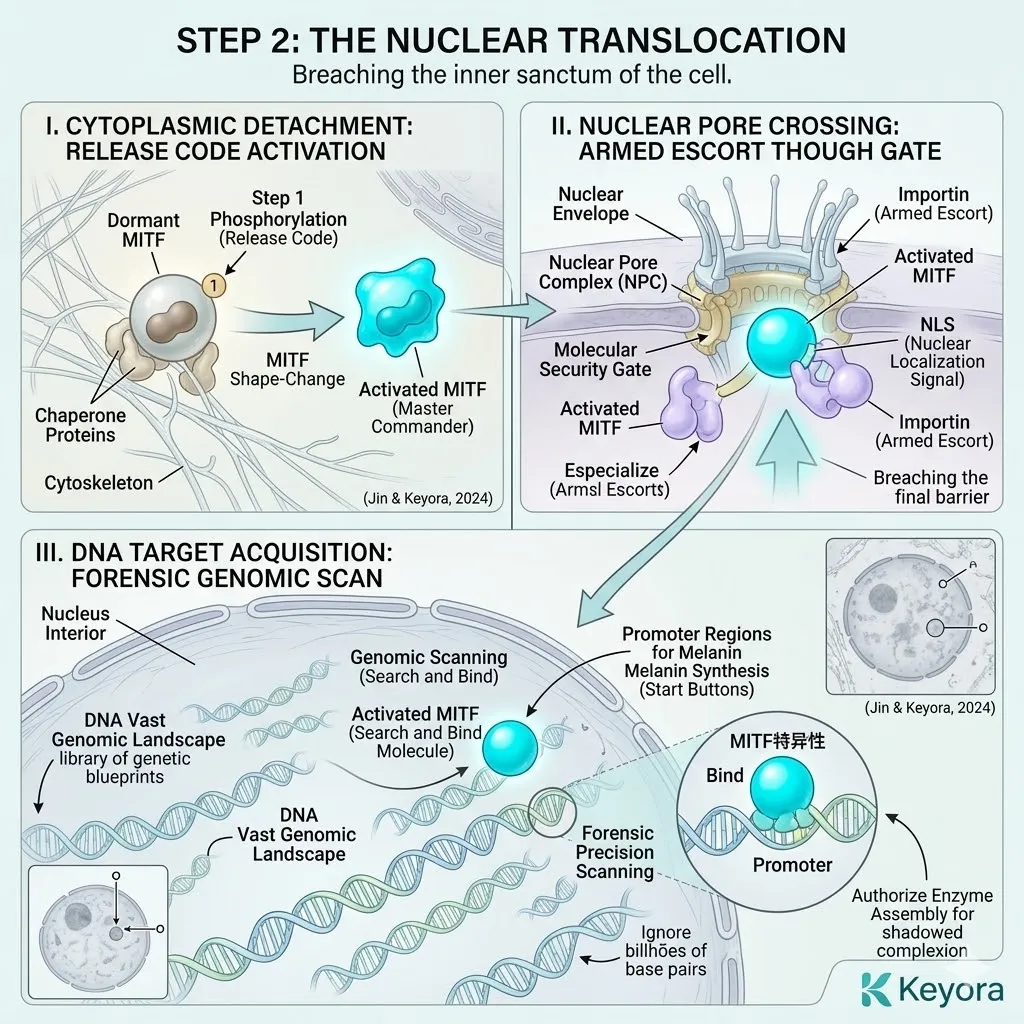 Nuclear translocation of MITF across the pore complex authorizes DNA target acquisition and genetic blueprint access for industrial pigment synthesis.