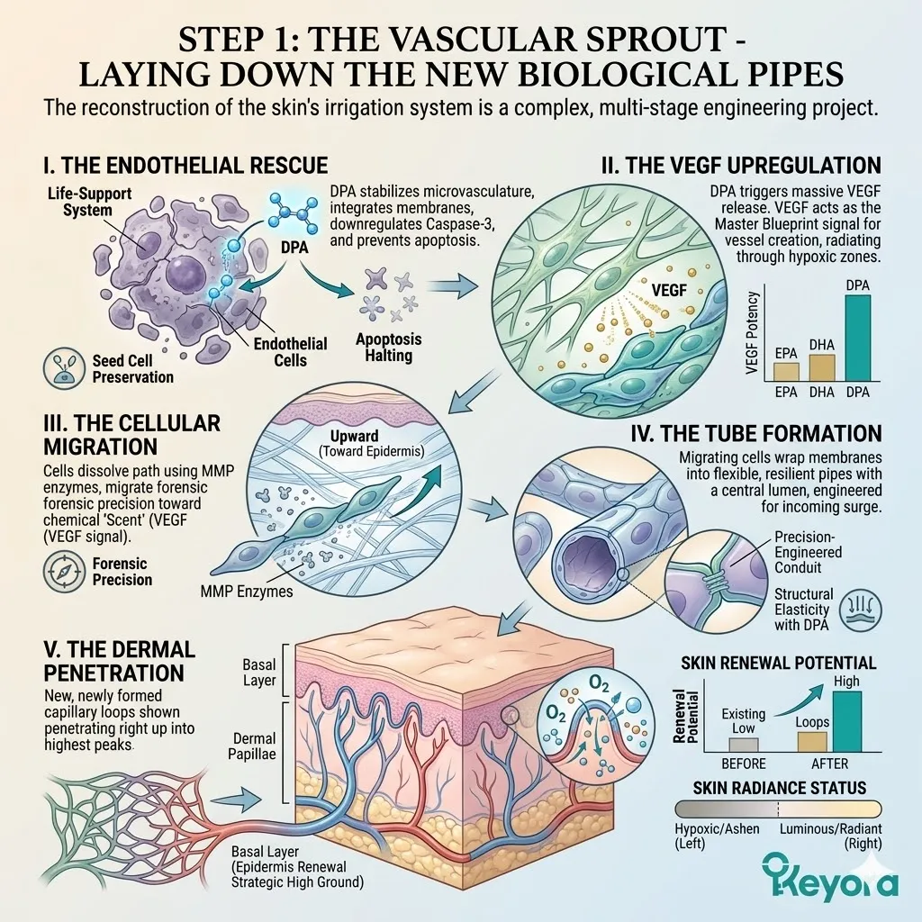 DPA-driven vascular sprouting rescues endothelial cells and upregulates VEGF to re-engineer the microvascular plumbing for systemic sovereignty.