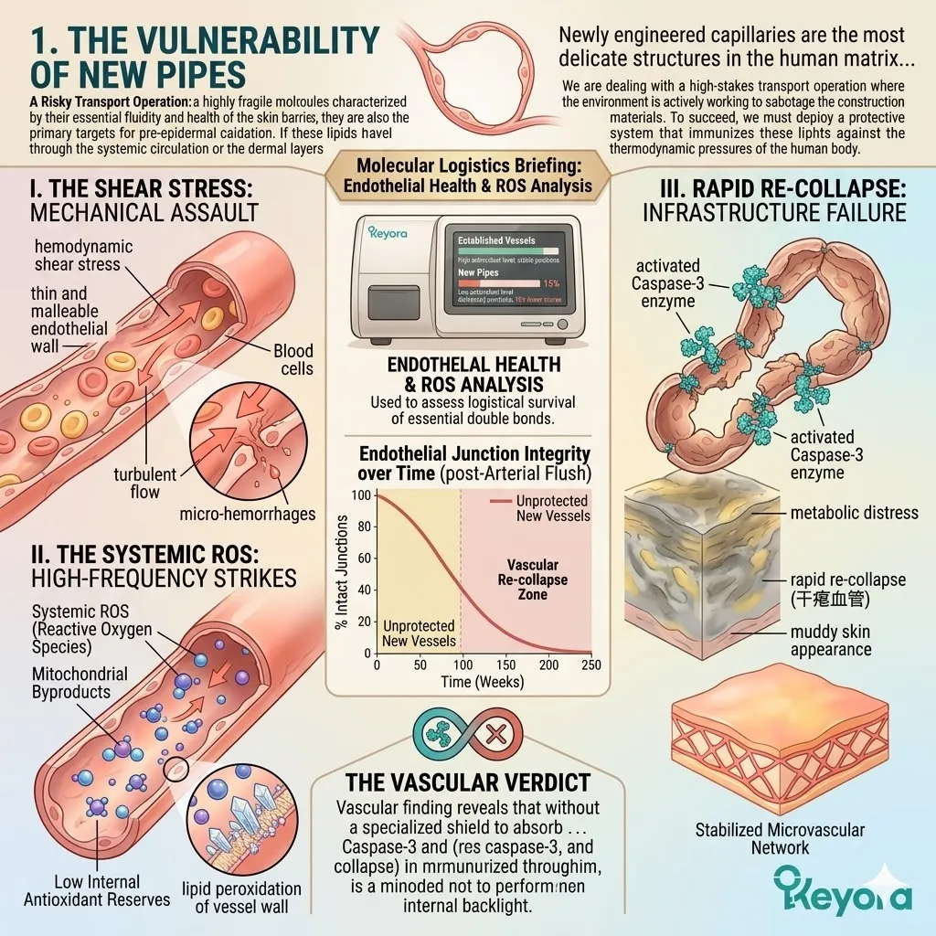 Keyora intervention neutralizes hemodynamic shear stress and systemic ROS strikes to prevent rapid re-collapse and maintain vascular sovereignty.
