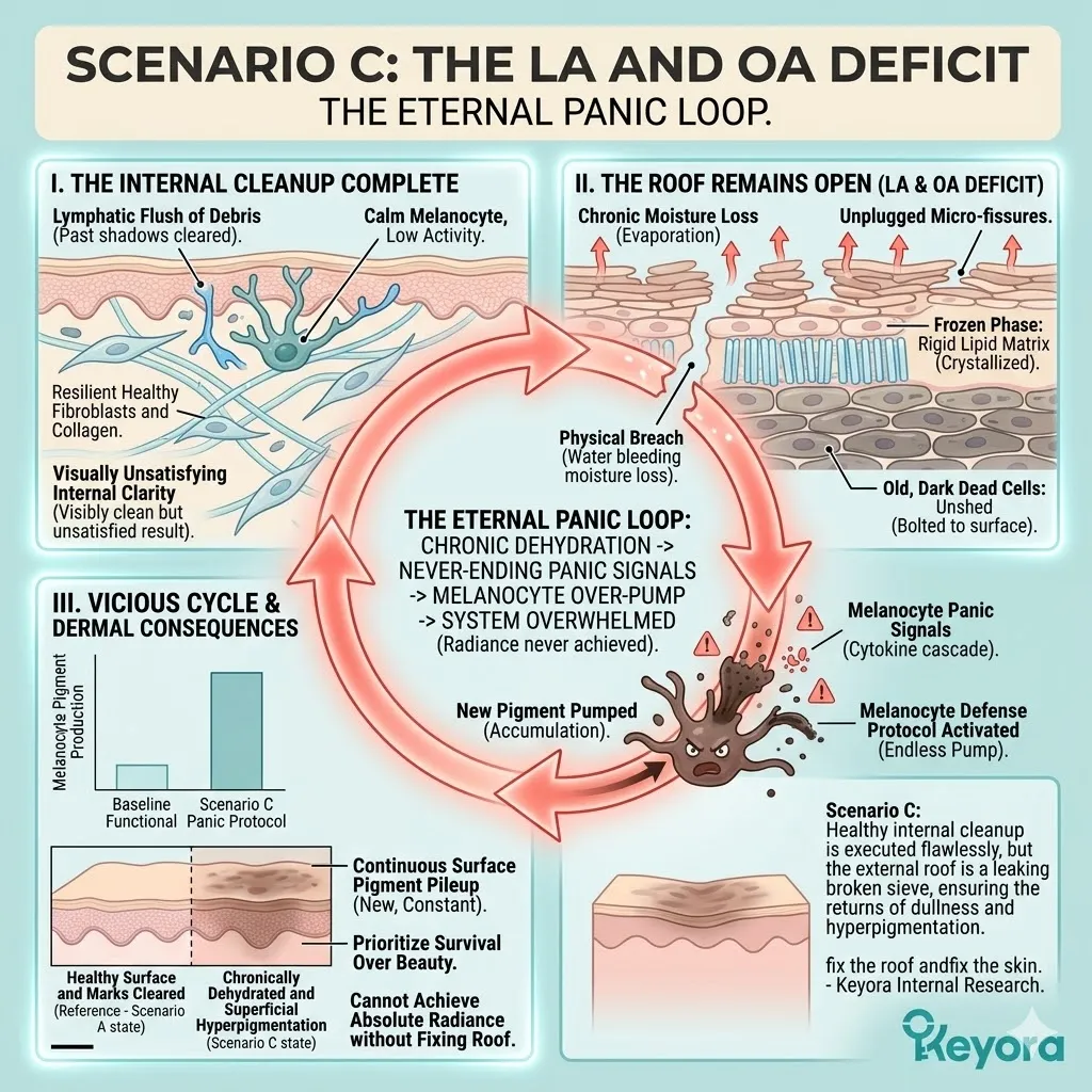 The LA and OA deficit creates an eternal panic loop by triggering the neuro-endocrine storm and TEWL, collapsing the four-drive system.