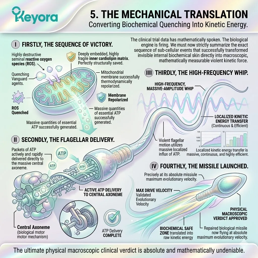 ATP synthesis translates biochemical quenching into a high-frequency flagellar whip, achieving maximum evolutionary velocity via the Four-Drive System.