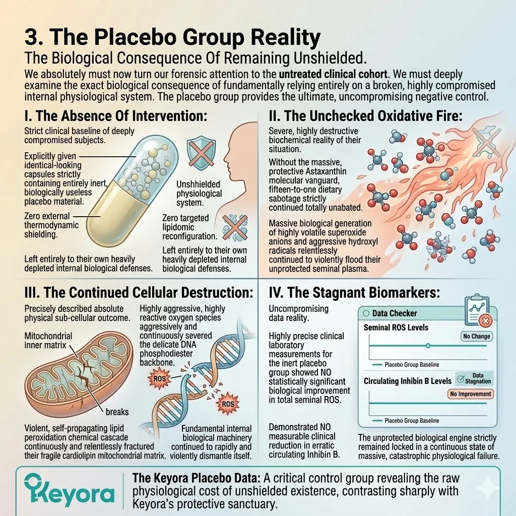 The unshielded placebo group faces unchecked lipid peroxidation and DNA cleavage, sustaining catastrophic physiological failure within the Four-Drive System.