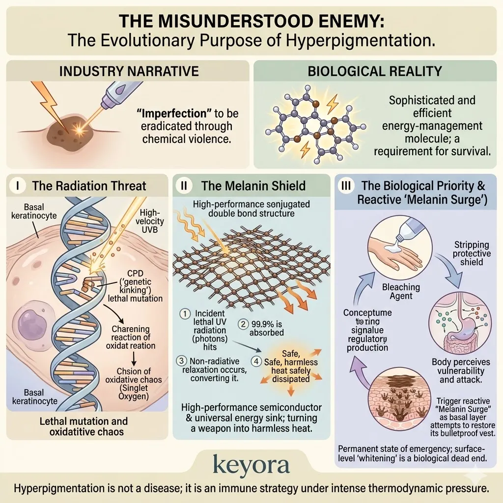 Melanin acts as a high-performance semiconductor absorbing UV radiation to prevent cyclobutane pyrimidine dimers and resolve systemic oxidative chaos.