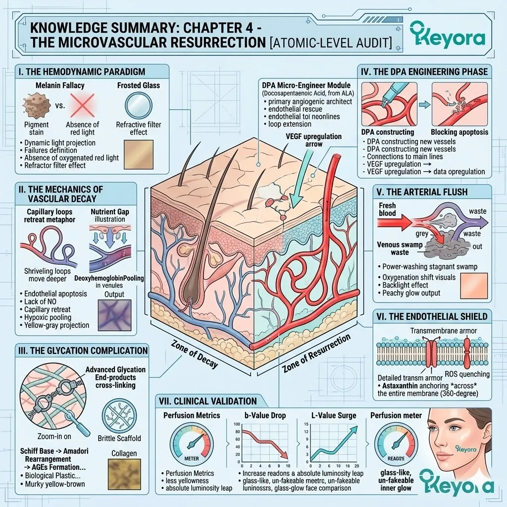 The Keyora Luminous Matrix protocol executes a total vascular reboot—transitioning the dermis from a stagnant, glycated swamp into a high-pressure arterial river to restore systemic optical sovereignty.