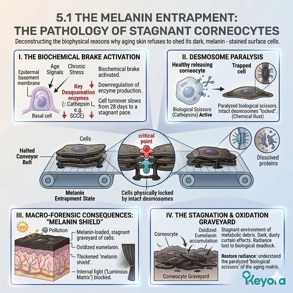 Melanin entrapment paralyzes the biological conveyor belt causing stagnant corneocytes to lock oxidized eumelanin within the stratified architectural matrix.