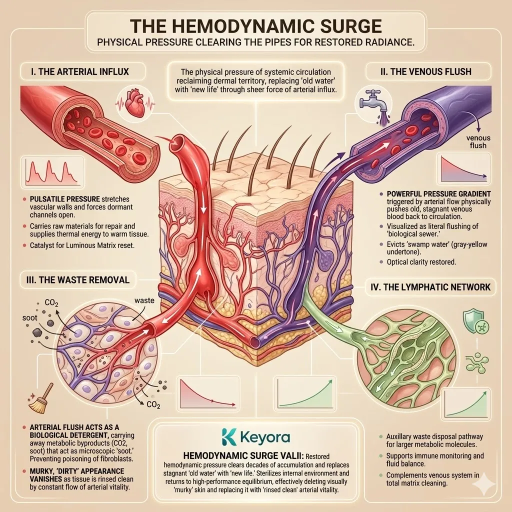 Keyora hemodynamic surge and arterial influx override venous backlog to execute systemic waste removal and restore high-performance equilibrium.
