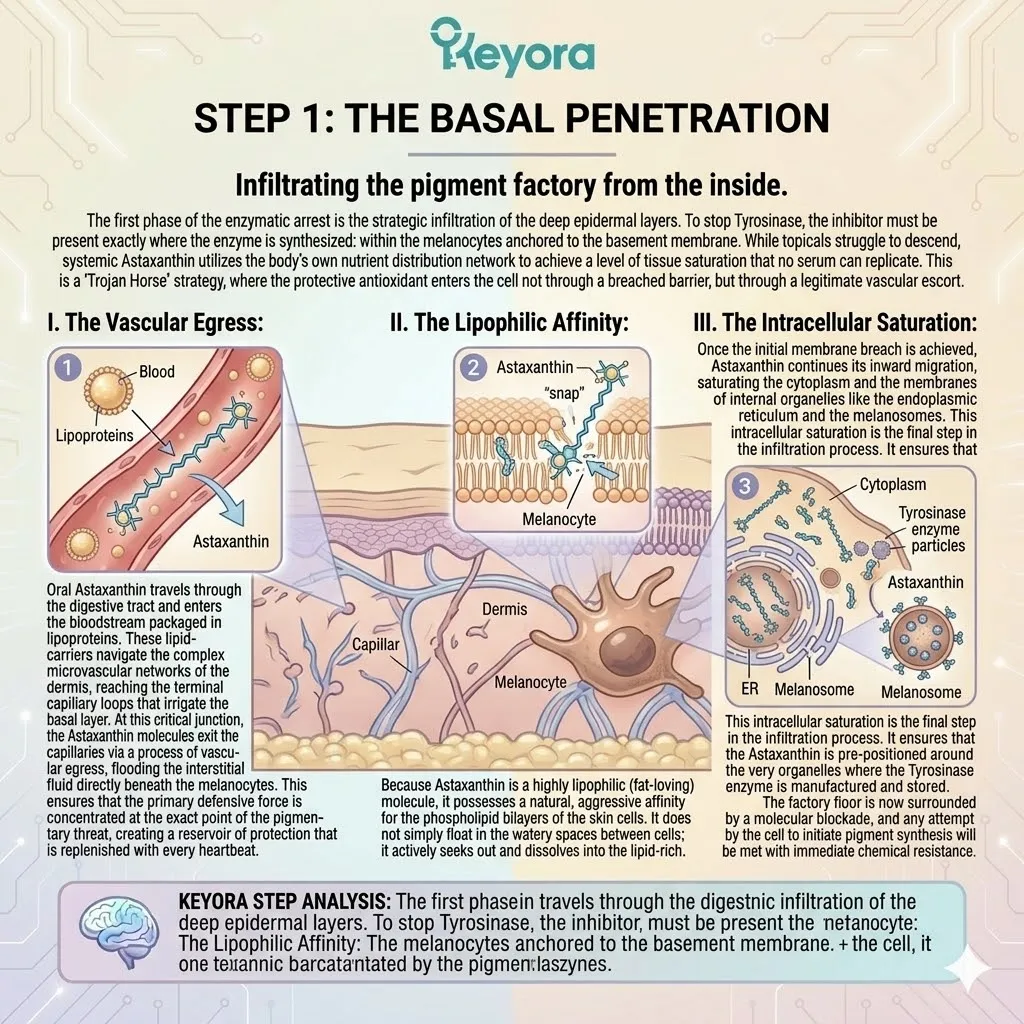 Systemic astaxanthin utilizes lipoprotein-mediated vascular egress and lipophilic affinity to integrate into the basal hardware.