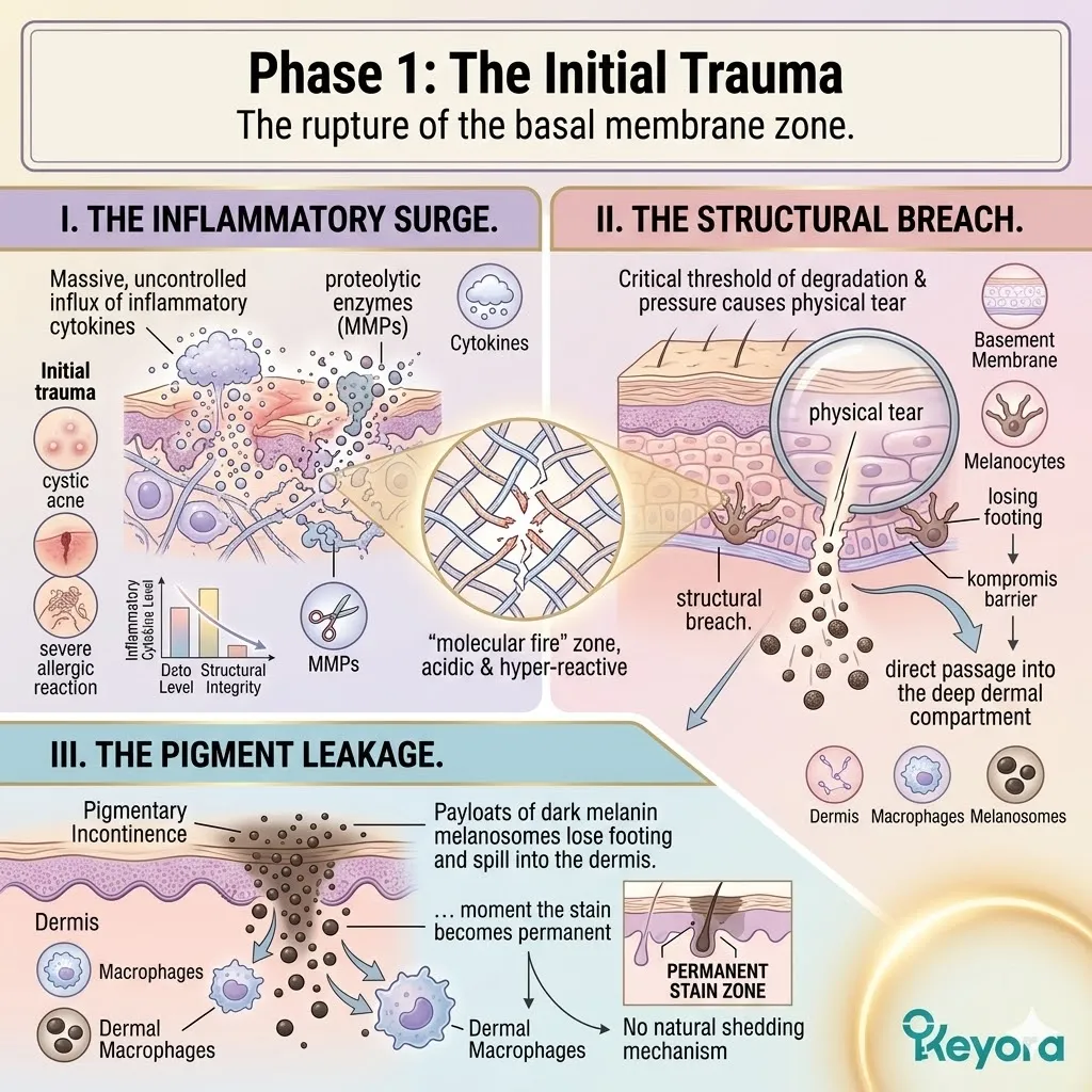 The Inflammatory Surge triggers a Basal Membrane Breach and Pigmentary Incontinence where displaced melanosomes spill into the dermal compartment.
