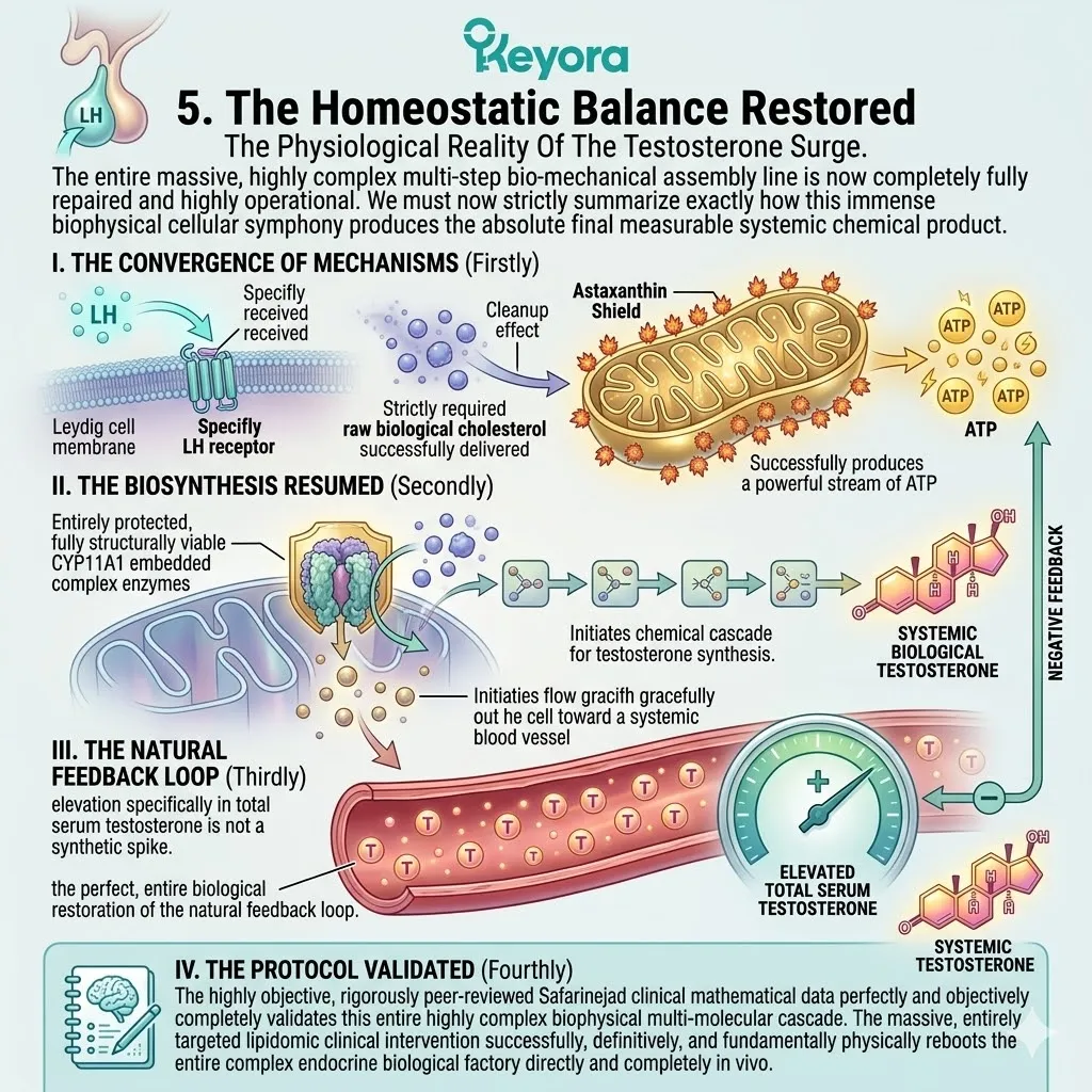 Synergistic cholesterol delivery and LH signaling activate shielded CYP11A1 enzymes, restoring the natural homeostatic feedback loop and systemic testosterone.
