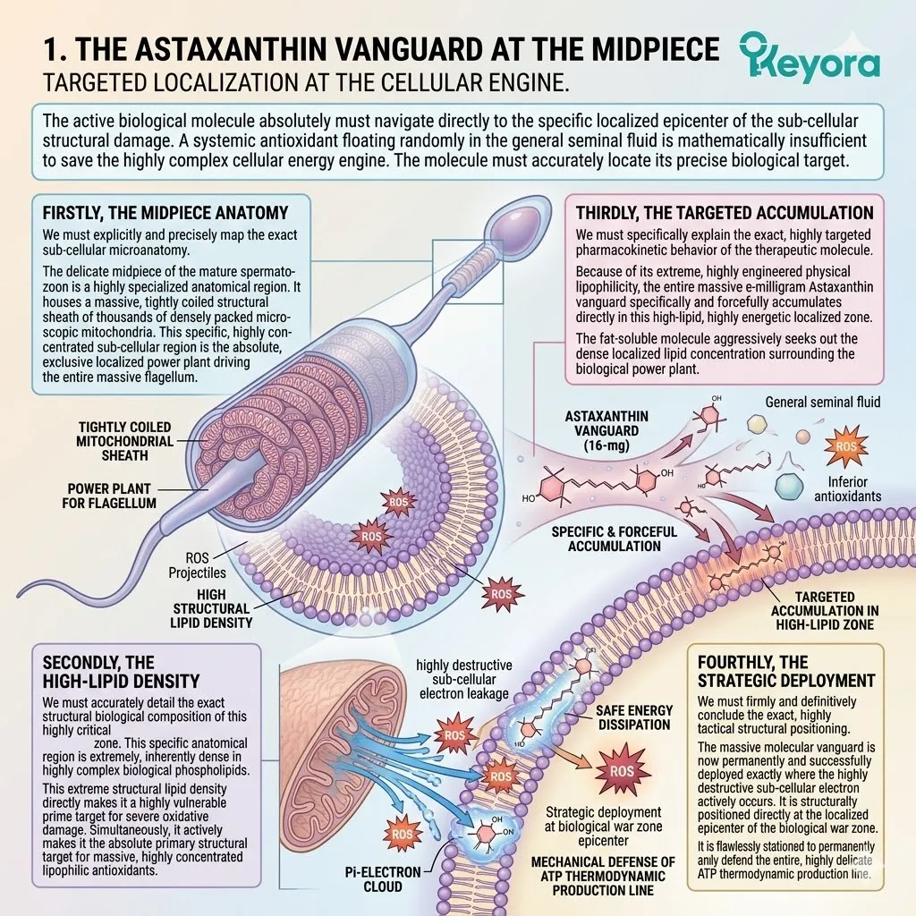 The Astaxanthin vanguard achieves targeted accumulation at the mitochondrial midpiece, securing the ATP production line against sub-cellular electron leakage.