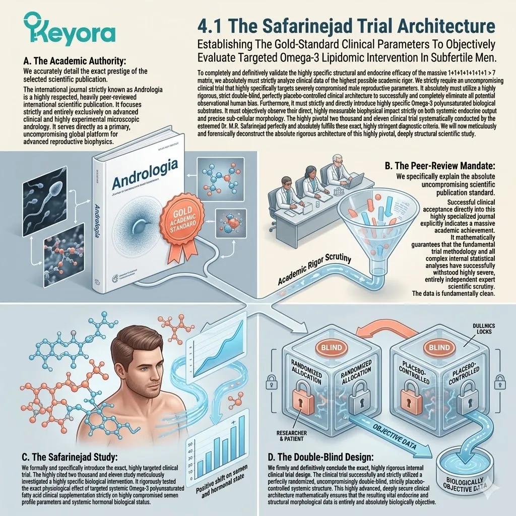 Safarinejad Trial utilizes a double-blind, placebo-controlled architecture in Andrologia to validate Omega-3 lipidomic intervention in subfertile men.