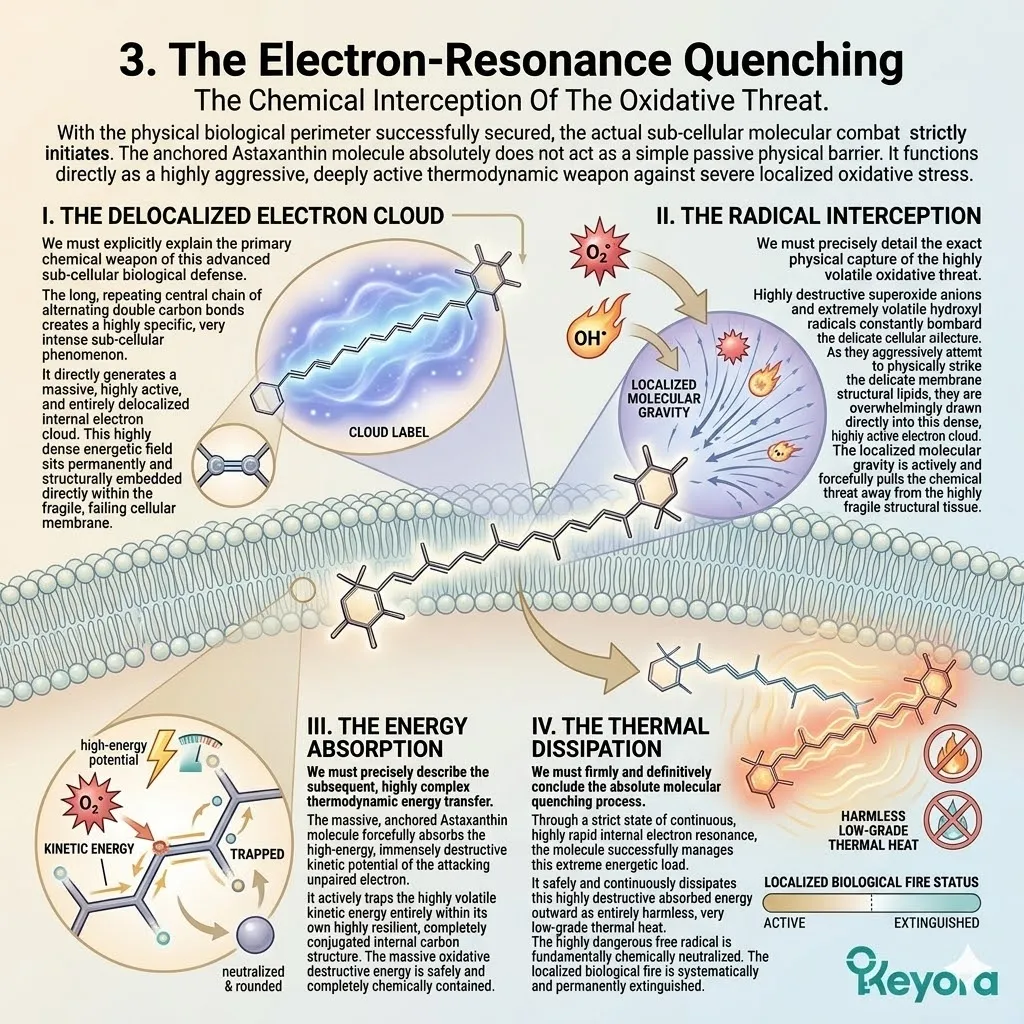 The delocalized electron cloud intercepts hydroxyl radicals, utilizing resonance to dissipate destructive energy as low-grade thermal heat within the Four-Drive System.