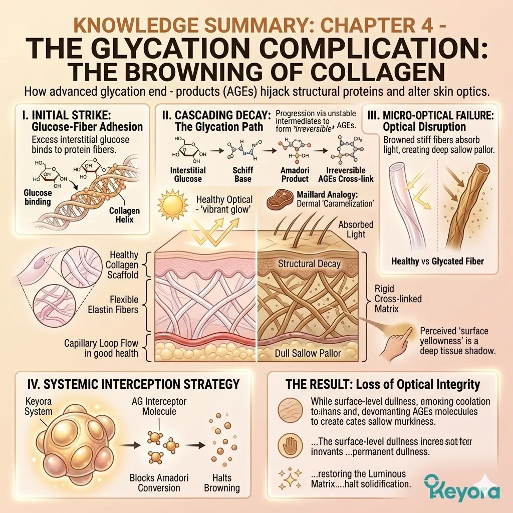 Keyora systemic interception reverses the glycation browning process and Maillard reaction to restore structural collagen integrity and optical sovereignty.