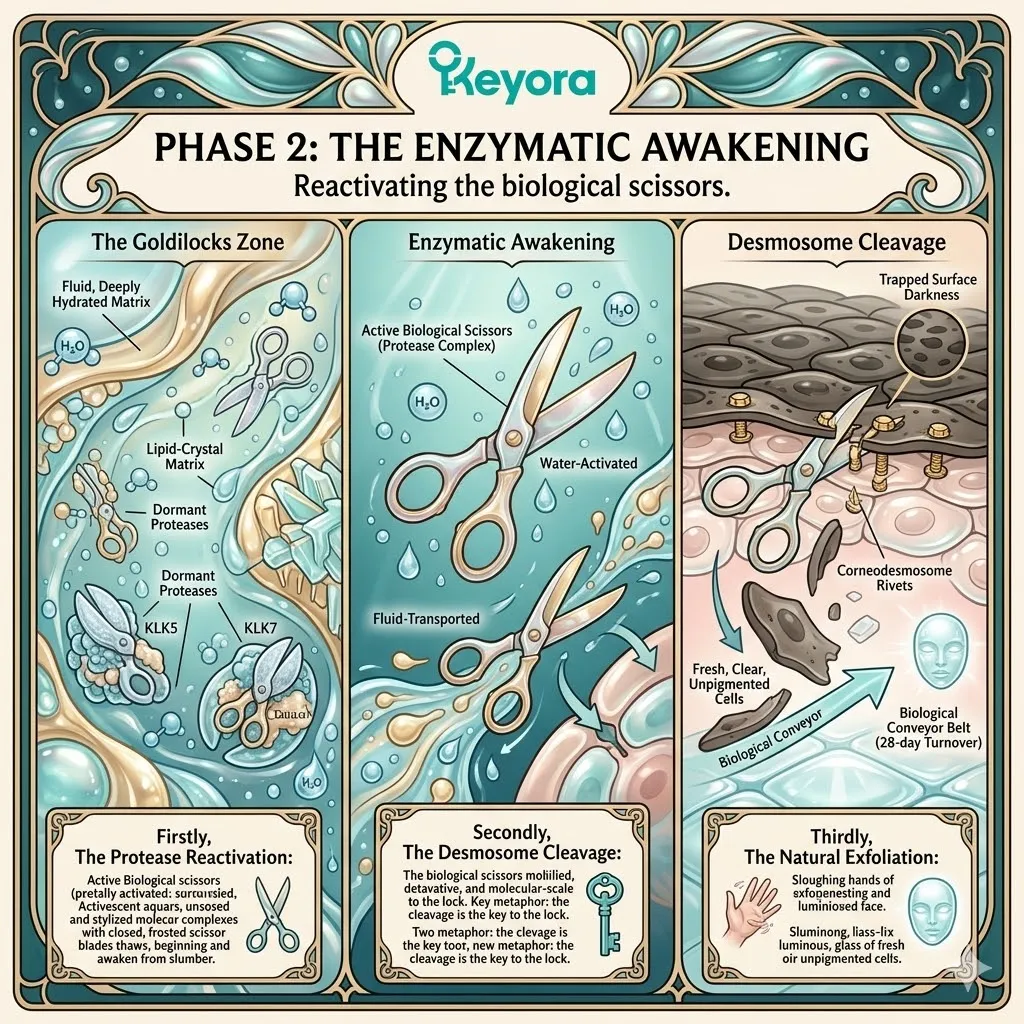 KLK enzymatic awakening drives desmosome cleavage in the LA/OA liquid-crystal matrix to reactivate the 28-day biological conveyor belt.