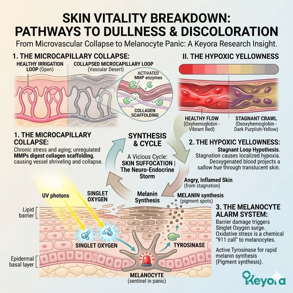 Microcapillary collapse and hypoxic yellowness trigger the melanocyte alarm system and tyrosinase activation, disrupting the architectural irrigation grid.