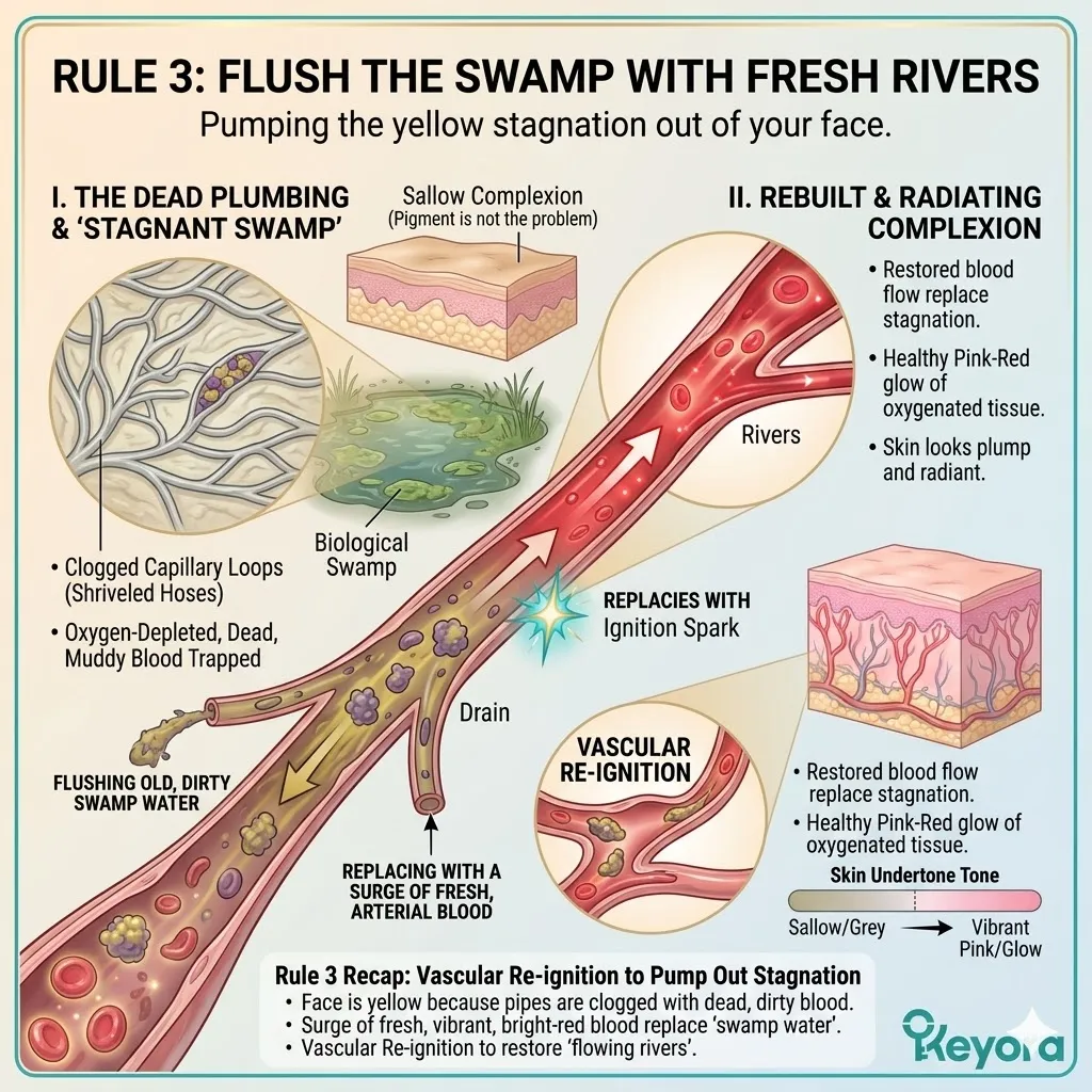 Microcapillary collapse and dead plumbing trigger the stagnant swamp effect, causing deoxygenated blood to project a sallow spectral signature of hypoxia.