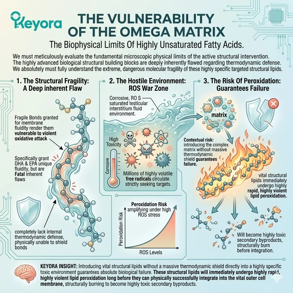 The Omega Matrix exhibits structural fragility due to carbon double bonds, making it fatally susceptible to oxidative attack in ROS-saturated environments.