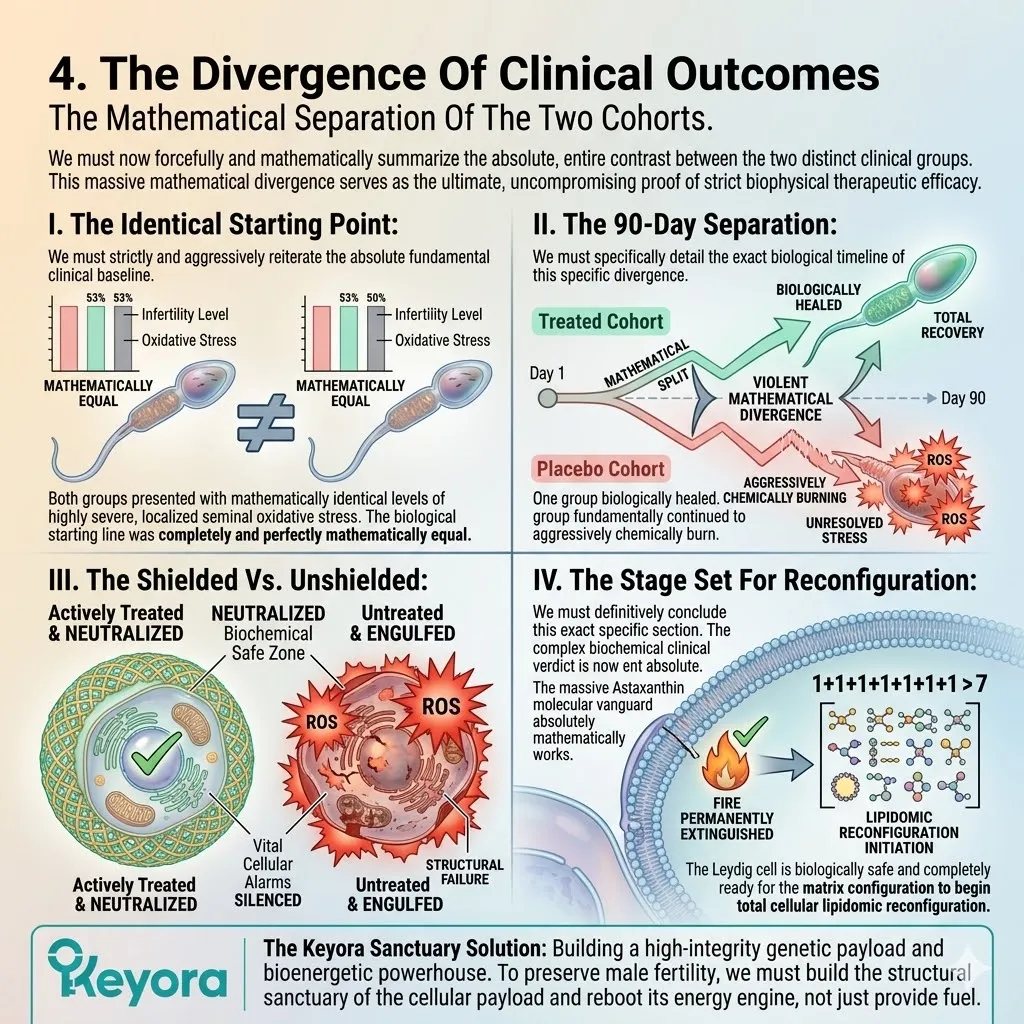 The 90-day clinical divergence contrasts a neutralized biochemical safe zone against unshielded oxidative fire within the Keyora Four-Drive System.