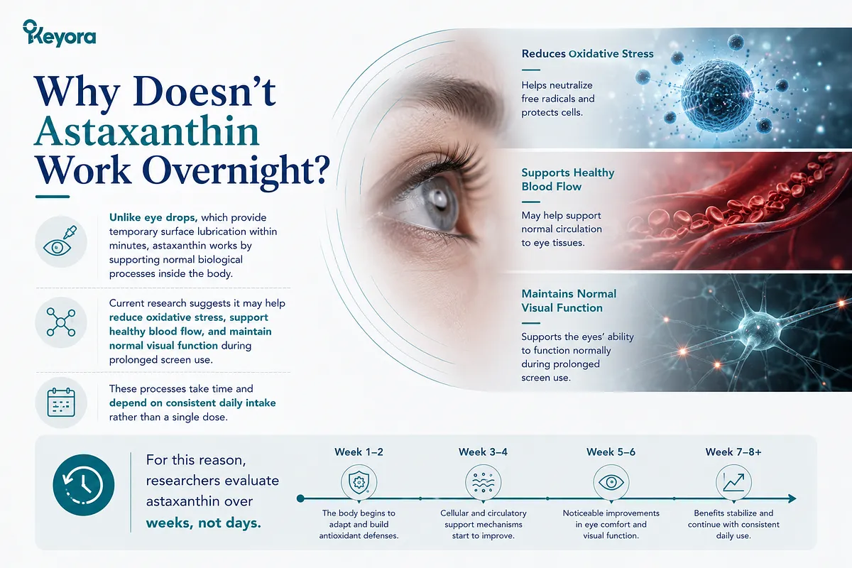 KEYORA educational diagram titled "Why Doesn't Astaxanthin Work Overnight?", featuring a close-up eye visual and biological illustrations of free radical neutralization, healthy blood flow in capillaries, and nerve cell communication. A bottom timeline maps out cellular adaptation from Weeks 1–2 up to stabilized benefits by Week 7–8+. KEYORA educational diagram titled "Why Doesn't Astaxanthin Work Overnight?", featuring a close-up eye visual and biological illustrations of free radical neutralization, healthy blood flow in capillaries, and nerve cell communication. A bottom timeline maps out cellular adaptation from Weeks 1–2 up to stabilized benefits by Week 7–8+.