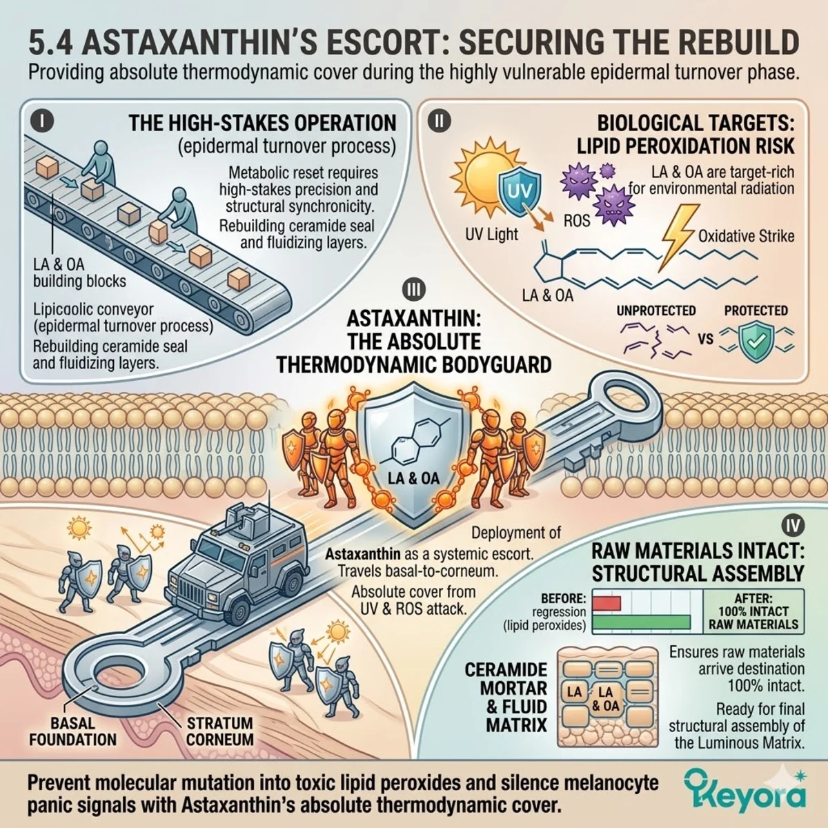 Astaxanthin systemic escort prevents lipid peroxidation and malondialdehyde mutation to secure the LA/OA matrix during structural assembly.
