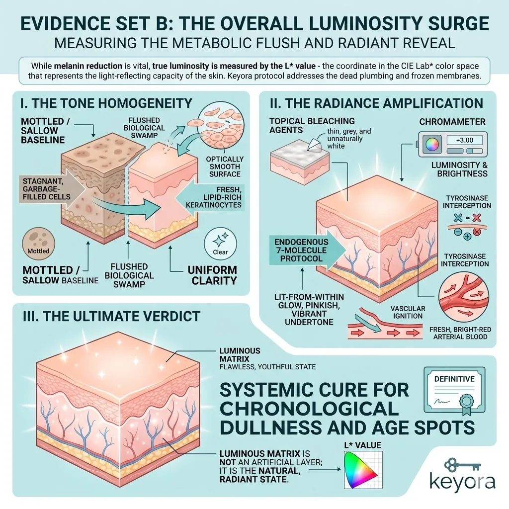 Chromameter data and CIE L* value coordinates validate the transition from a mottled, sallow baseline to high-definition tone homogeneity.