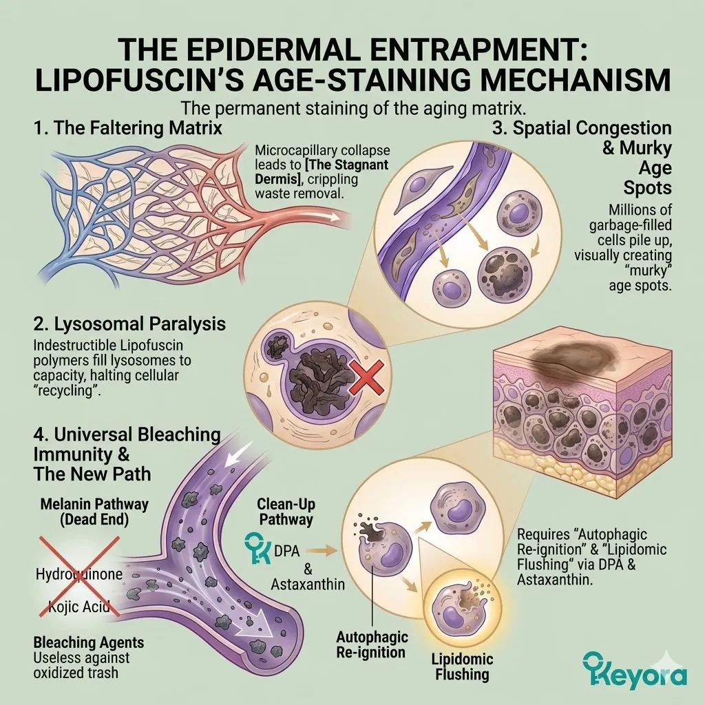 Lipofuscin induces lysosomal paralysis and spatial accumulation, creating a state of internal congestion with total immunity to traditional bleaching agents.