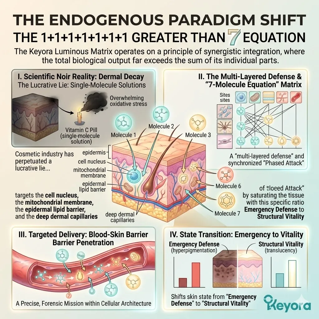 The 7-molecule equation executes a phased attack on the melanin factory to modulate the cell nucleus and mitochondrial membrane for structural vitality.