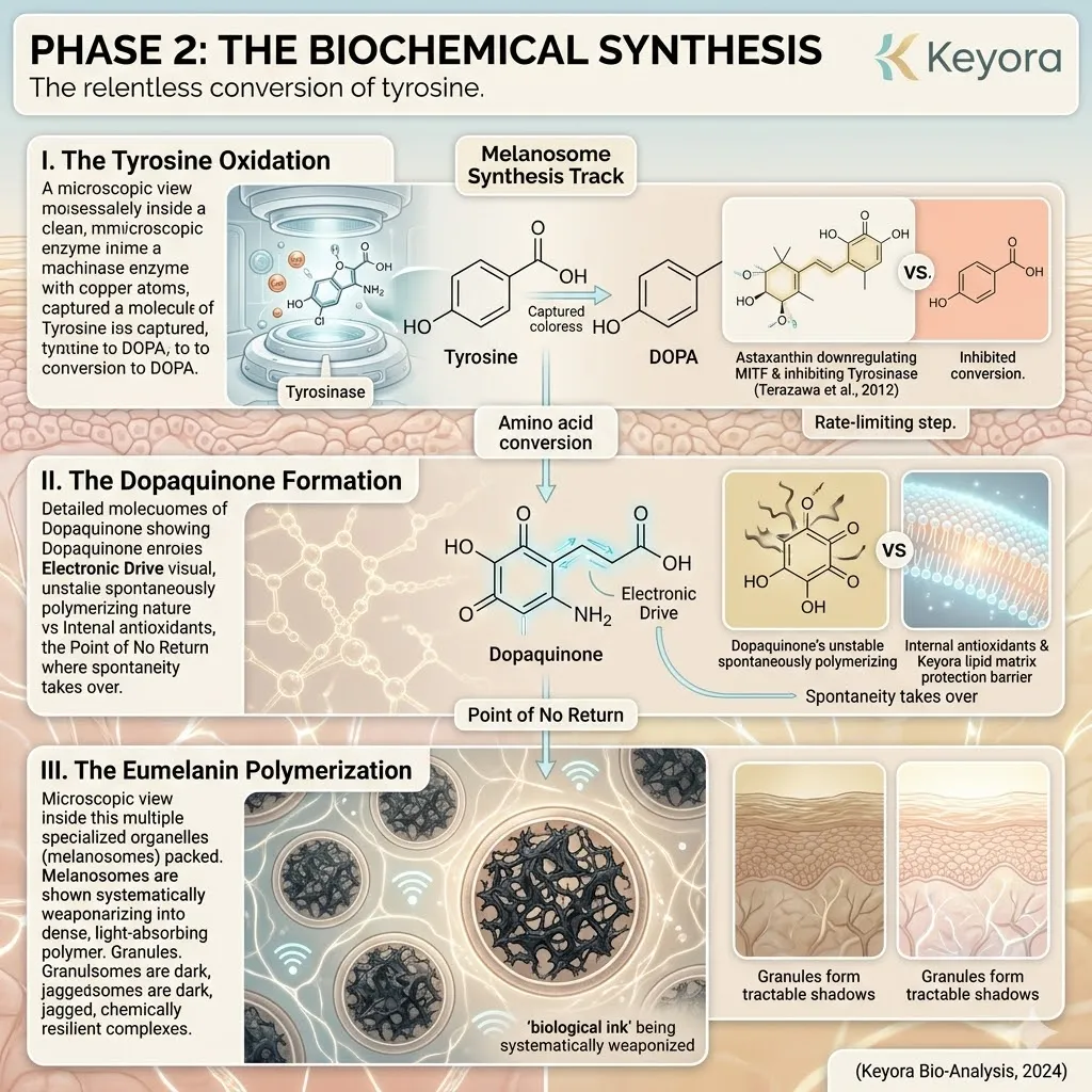 Tyrosinase-mediated oxidation of tyrosine drives the rate-limiting step toward dopaquinone formation and eumelanin polymerization.