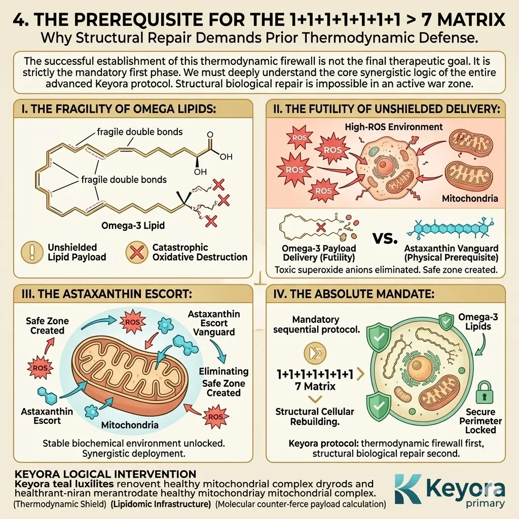 The 16mg vanguard creates a thermodynamic safe zone to protect fragile Omega-3 double bonds from ROS, enabling ATP synthesis and systemic regulation.