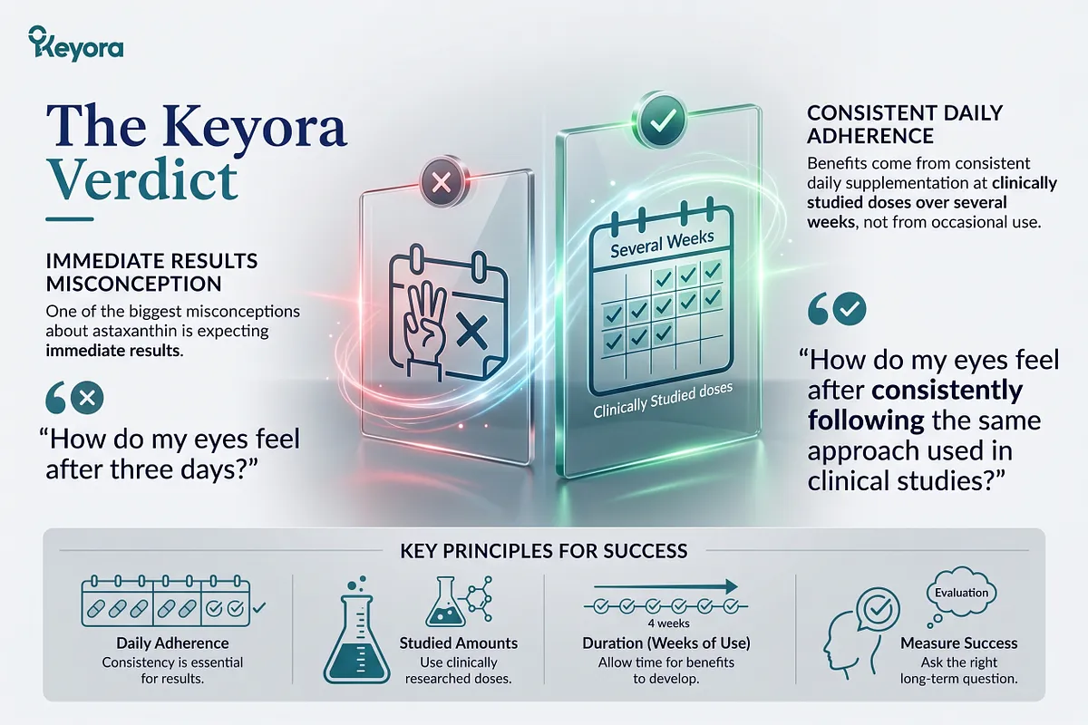 KEYORA comparison slide titled "The Keyora Verdict", contrasting a 3-day immediate results misconception (marked with a red X) with a multi-week clinical calendar (marked with a green checkmark). A callout quote emphasizes measuring success by how eyes feel after consistent long-term use rather than expecting instant relief. KEYORA comparison slide titled "The Keyora Verdict", contrasting a 3-day immediate results misconception (marked with a red X) with a multi-week clinical calendar (marked with a green checkmark). A callout quote emphasizes measuring success by how eyes feel after consistent long-term use rather than expecting instant relief.