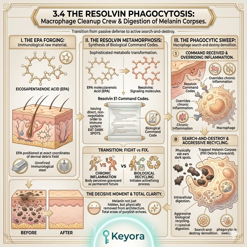 EPA converts to Resolvins to issue Biological Command Codes for Resolvin Phagocytosis and aggressive biological recycling of trapped melanin.