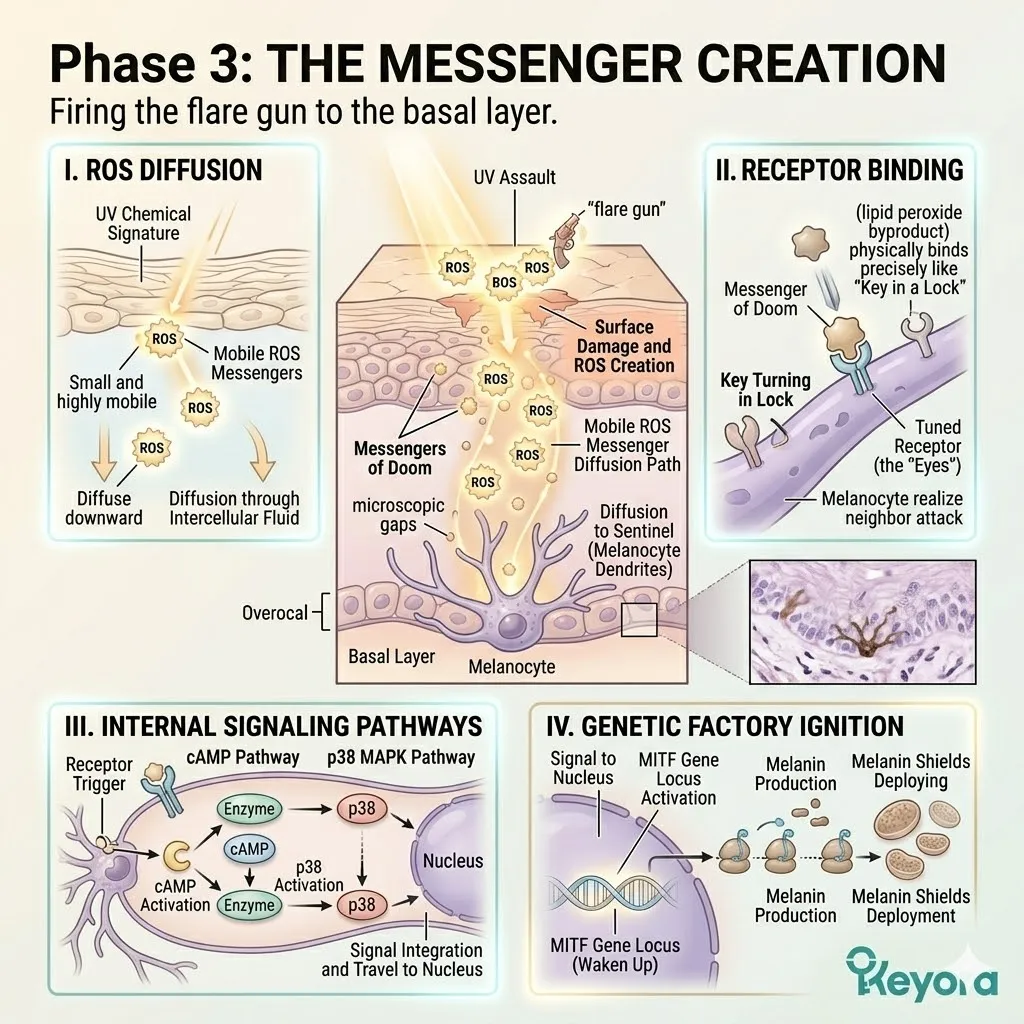 ROS diffusion triggers receptor binding on dendritic arms, activating cAMP pathways to ignite the MITF gene and initiate the pigment production factory.